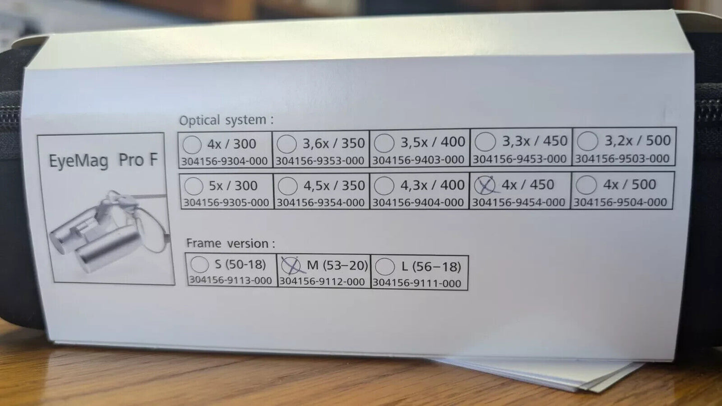 NEW Zeiss Dental  Loupes EyeMag Pro F 4X-450mm Medium Frame New in Original Box.